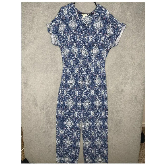 Style & Co womens floral blue geometric short sleeve jumpsuit tie waist 2X - Picture 1 of 8